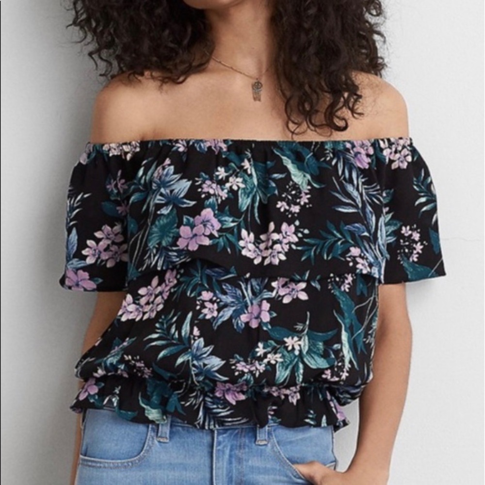 Off the shoulder, black floral American Eagle top